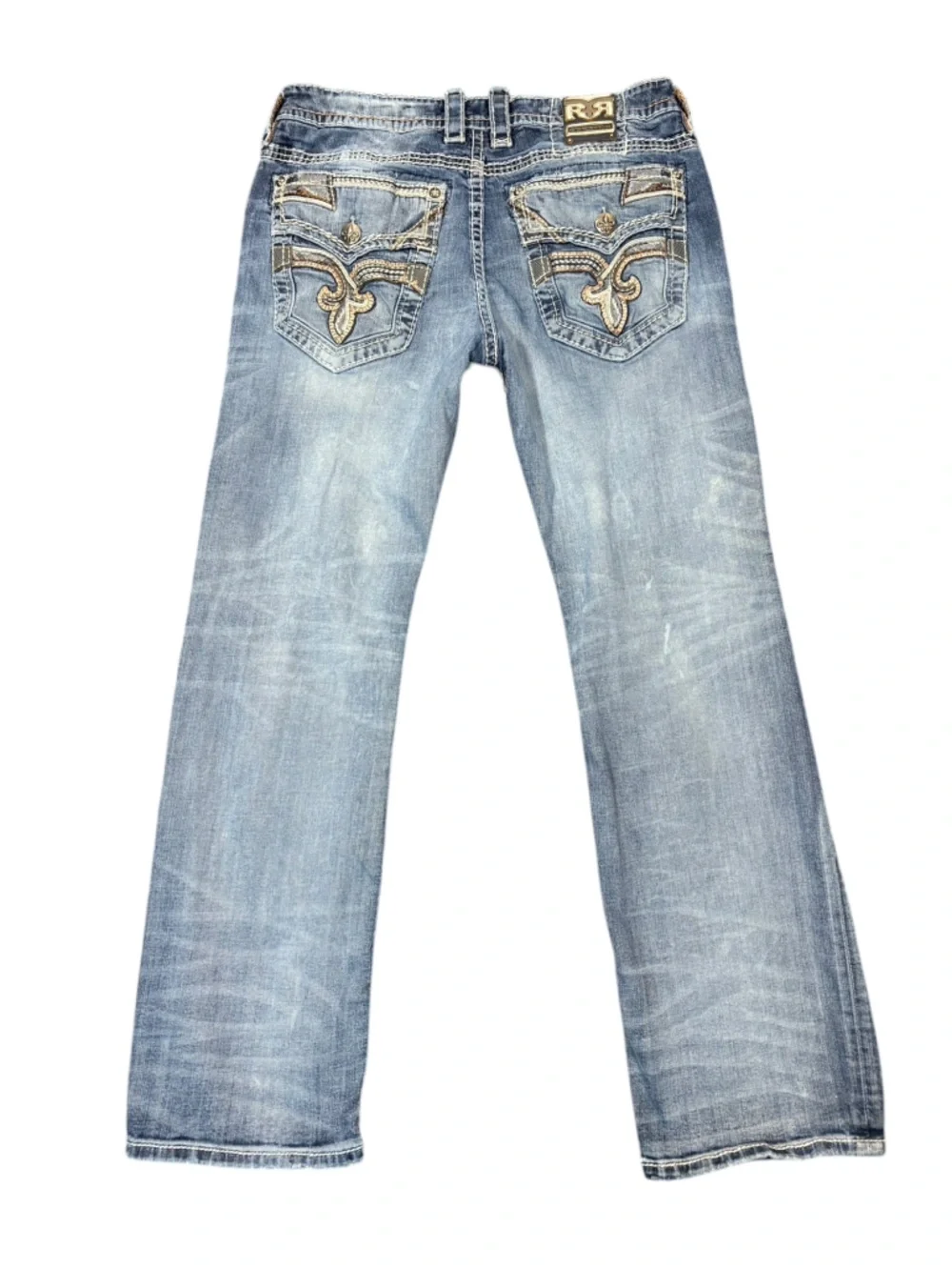 Rock Revival Jeans Sz36 Bootcut Distressed Fleur De Lis Embroidered Thick Stitch - Picture 4 of 16